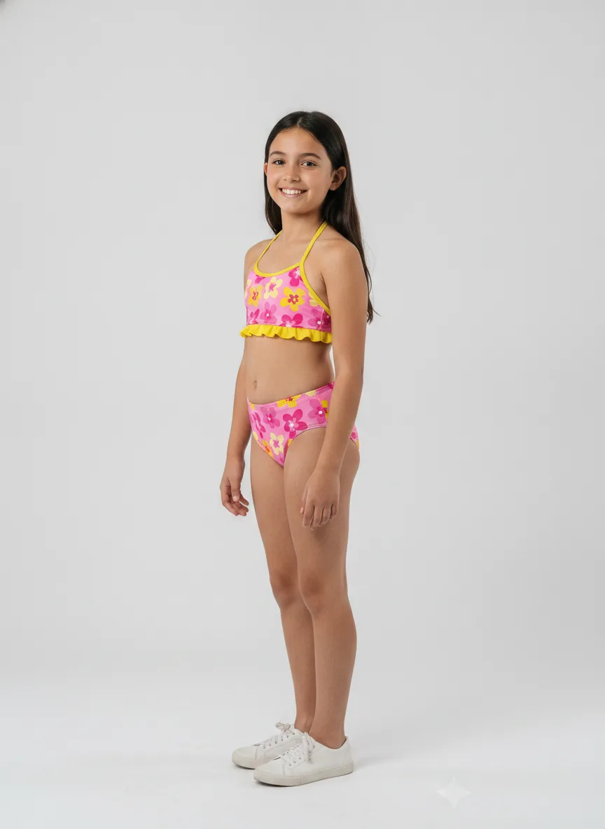 BIKINI ESTAMPADA HIGH NECK , CON VOLADO LISO